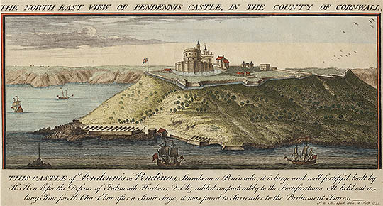 Tinted engraving of Pendennis Castle by Nathaniel and Samuel Buck
