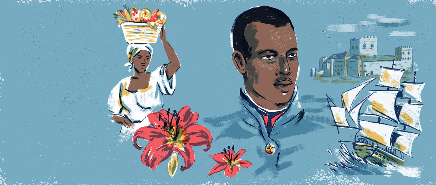 Illustration showing a black officer in the French army, a ship and a woman carrying goods in a basket