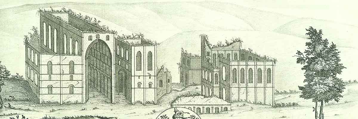 Engraving of the ruins of Rievaulx Abbey from the west in 1721, by Samuel and Nathaniel Buck