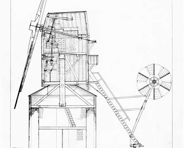 A diagram showing a cross-section of Saxtead Mill with the central post visible in the outline