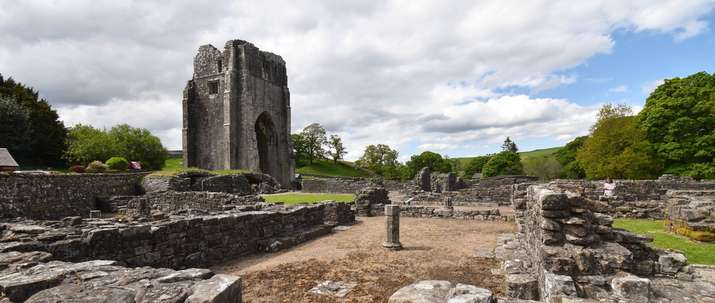 A view of the ruins of Shap Abbey on a cloudy day.