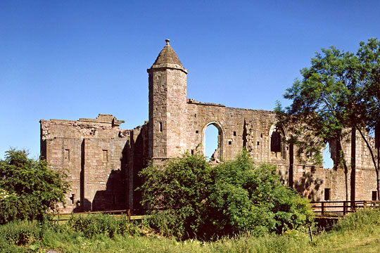 View of Spofforth Castle with the intact corner turret with conical roof