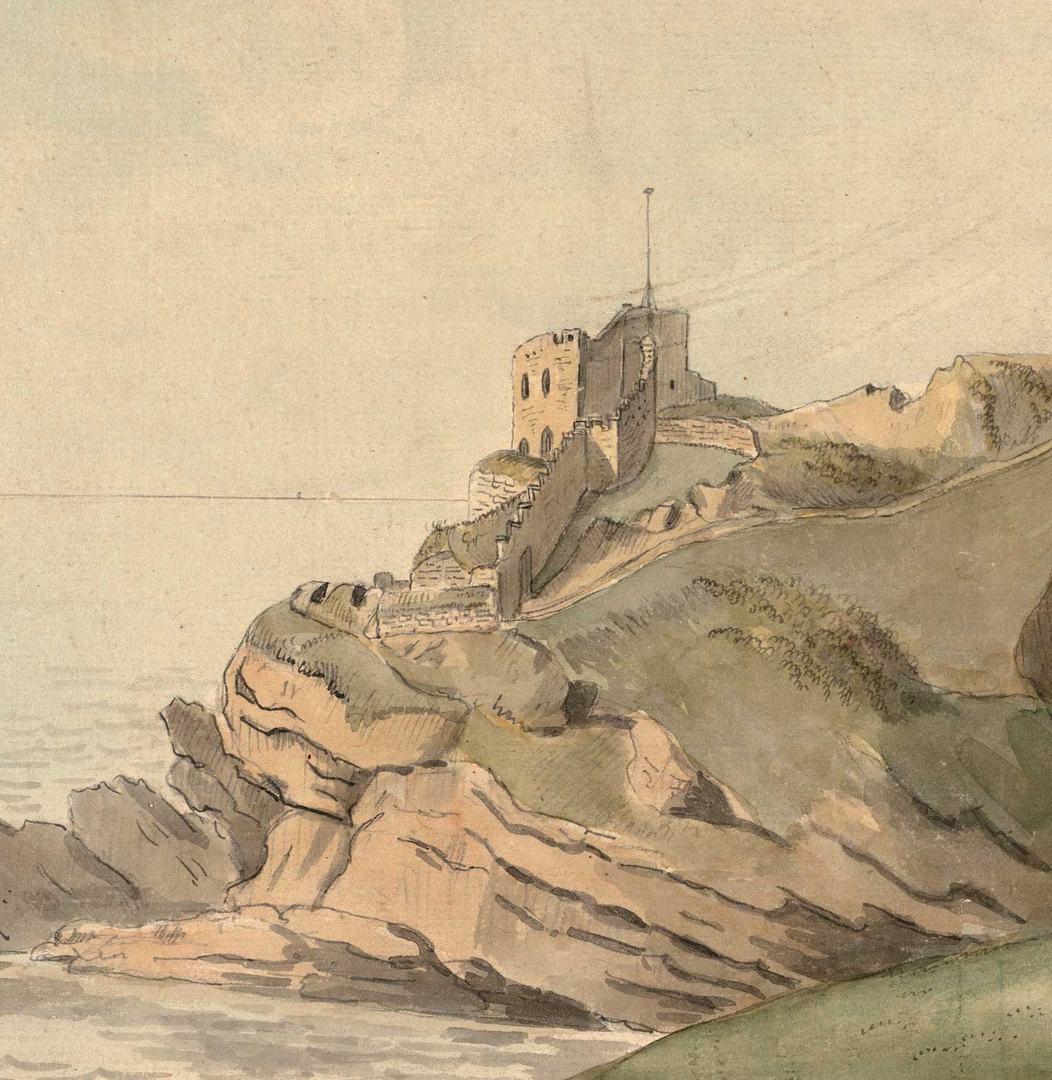 Detail from a painting of St Catherine’s Castle in the late 18th century by Francis Grose (1731–91). It shows the gun tower (top), the lower battery with two gun embrasures (dark coloured, centre left) and the defensive wall between them