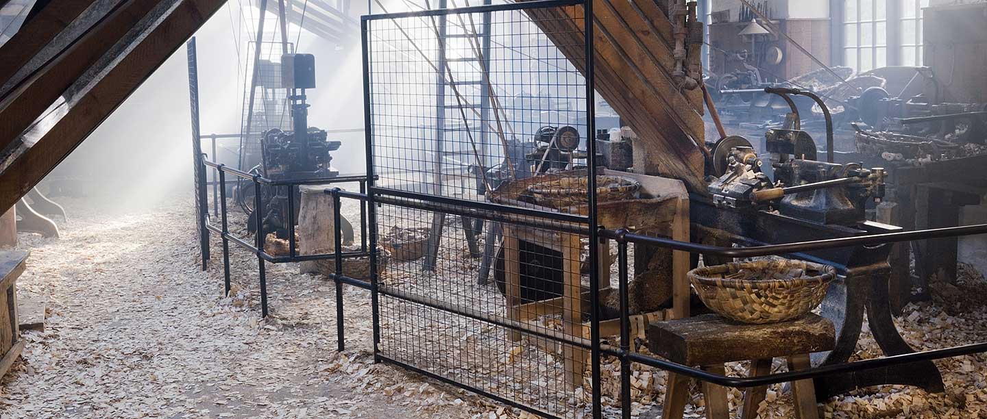Interior of the new lathe shop at Stott Park Bobbin Mill