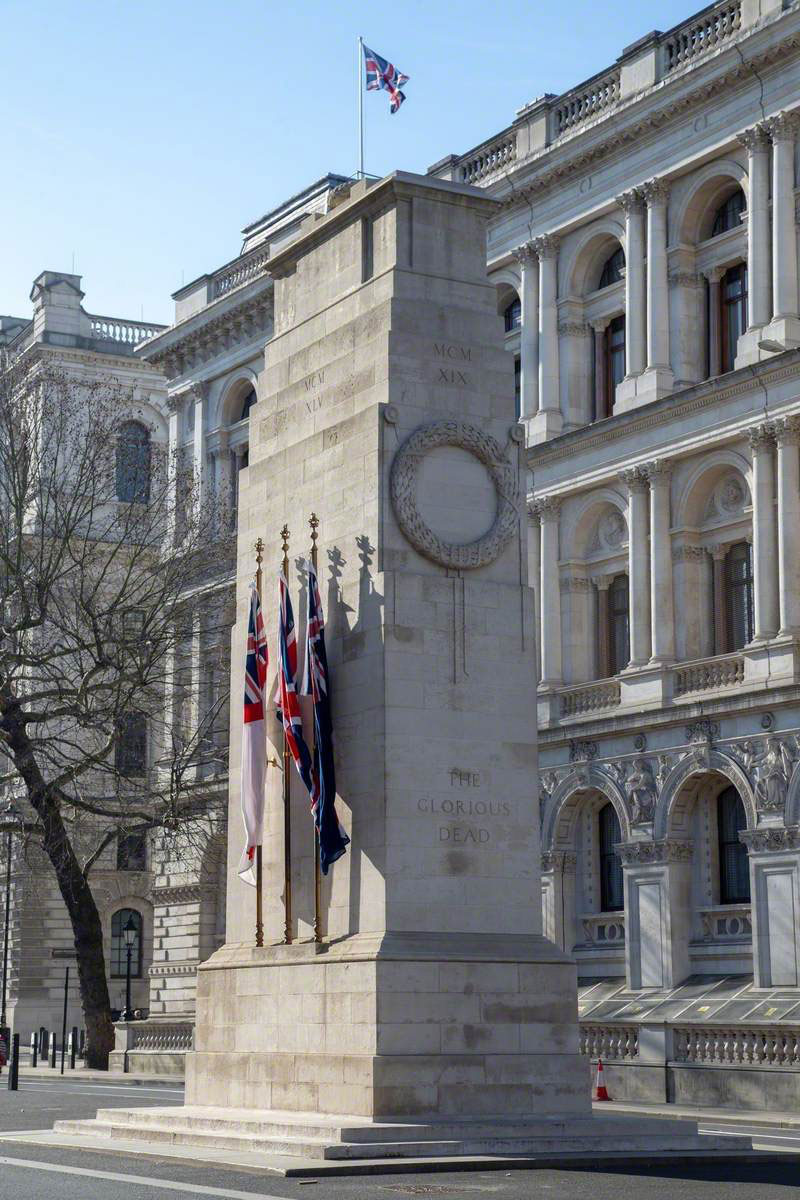 The Cenotaph, Whitehall, designed by Sir Edwin Lutyens for the Office of Works in 1919. This permanent version was erected in 1920 
