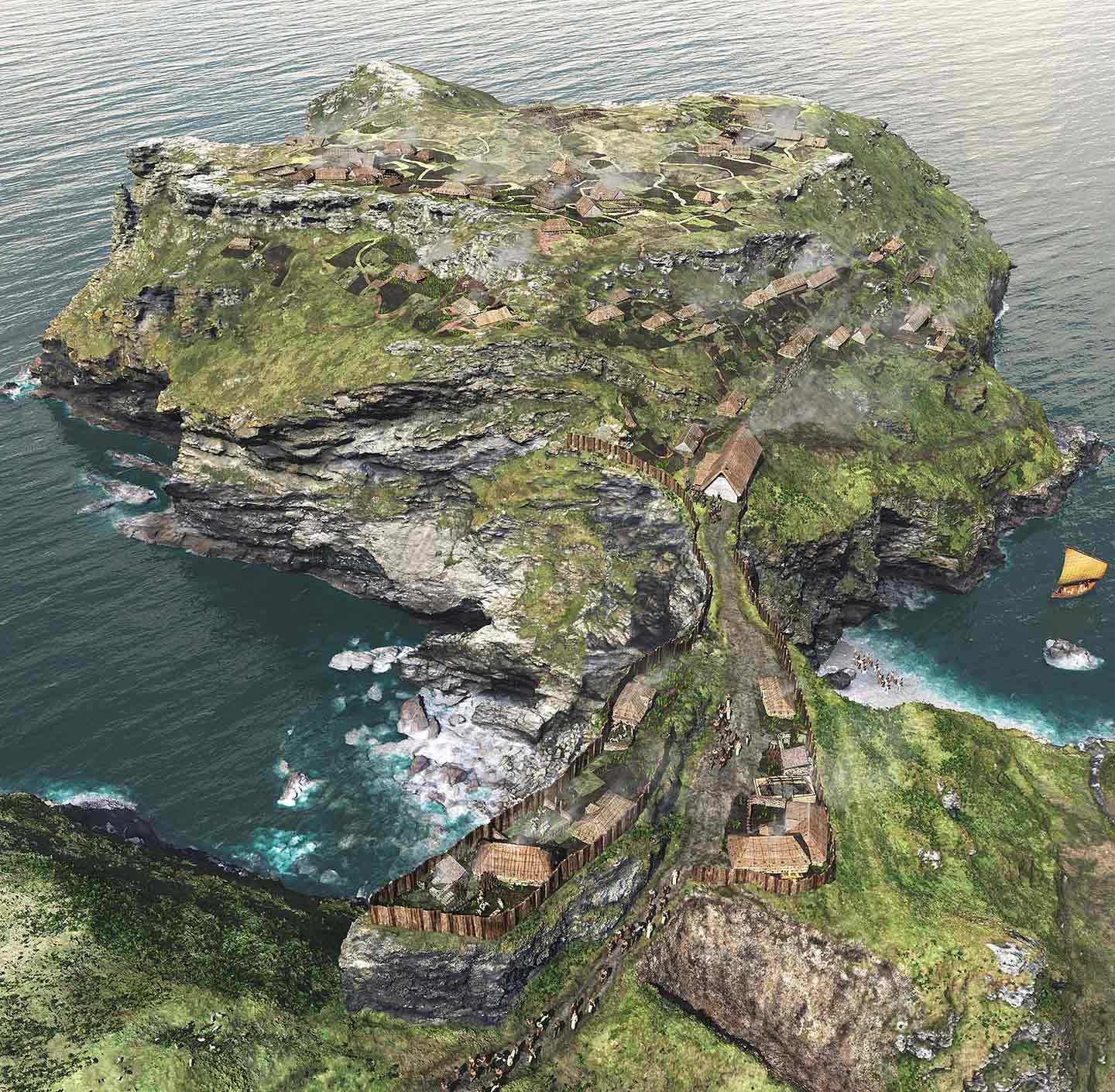 A reconstruction of Tintagel as it may have looked in about 700, showing the island dotted with simple houses