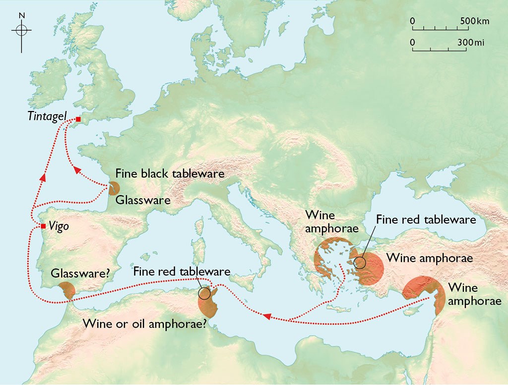 Pottery and glass were imported to Tintagel from all over the Mediterranean during this period. This map shows the known sources of these wares