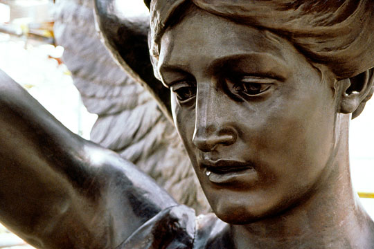 Detail of the figure of Peace from Adrian Jones's quadriga, showing the angel's face. The scupture was erected on Wellington arch in 1911-12.