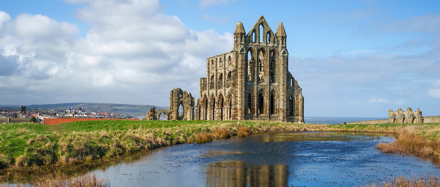 Whitby Abbey with the river in the foreground.