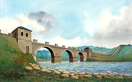 Reconstruction illustration of the first bridge at Willowford