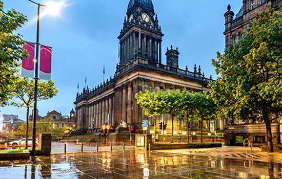 Grand buildings in Leeds city centre in the rain Grand buildings in Leeds city centre in the rain