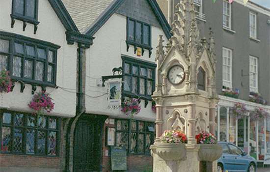 A memorial and old Tudor-looking buildings in Great Torrington A memorial and old Tudor-looking buildings in Great Torrington