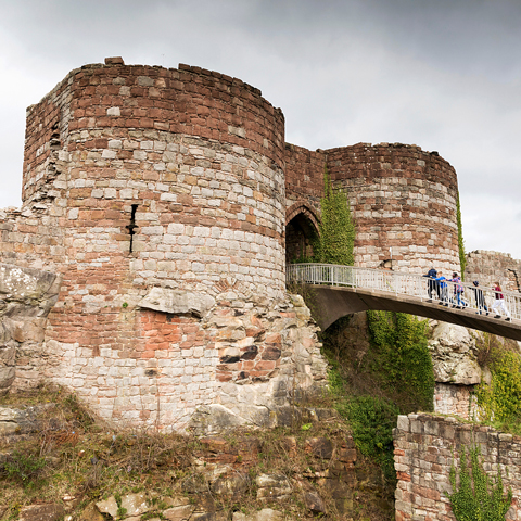 A view of a group of adults and children walking up the bridge at Beeston Castle.
