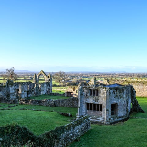 A high angle view of Haughmond Abbey ruins on a sunny day.