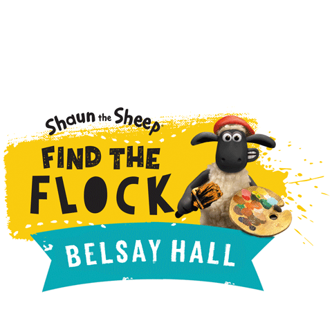 An illustrated logo for ‘Shaun the Sheep: Find the Flock’ at Belsay Hall. The graphic shows ‘Shaun the Sheep’ holding a paintbrush and artist’s palette, with yellow paint splashes behind the text.
