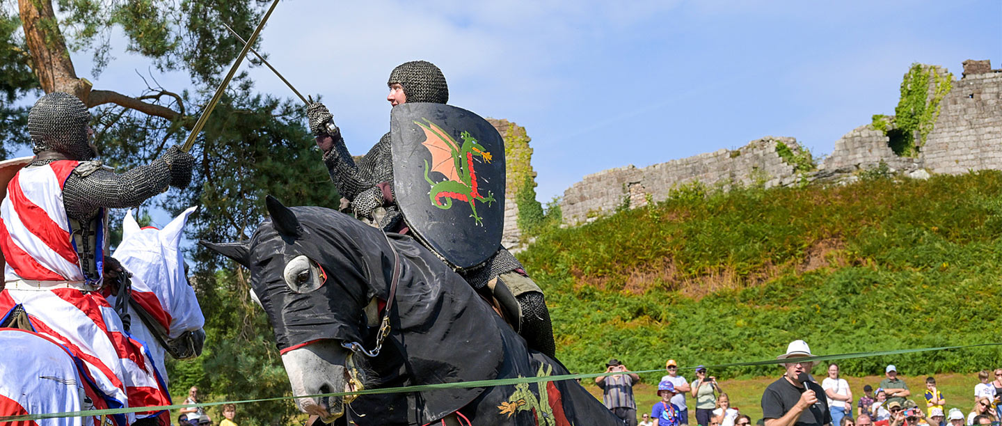 Two knights on horseback fight with swords