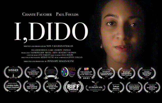 A film poster on a black background, titled 'I, Didio' in a white bold font. On the right, there is a close-up photograph of a young woman with pearl earrings. There is capitalised white text highlighting the cast and crew.  A film poster on a black background, titled 'I, Didio' in a white bold font. On the right, there is a close-up photograph of a young woman with pearl earrings. There is capitalised white text highlighting the cast and crew.