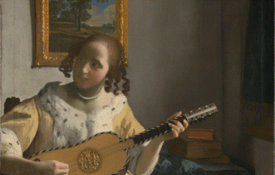 A painting of a woman sitting and playing a guitar, surrounded by vibrant colors and musical notes. A painting of a woman sitting and playing a guitar, surrounded by vibrant colors and musical notes.