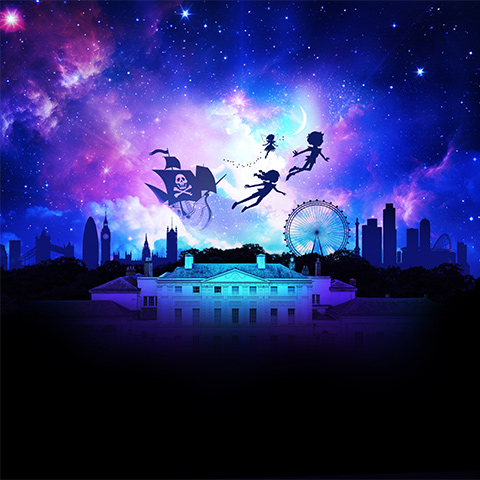 Illustration of a silhouetted Peter Pan, Wendy, Tinkerbell and pirate ship in front of Kenwood and the London skyline