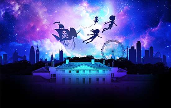 Illustration of a silhouetted Peter Pan, Wendy, Tinkerbell and pirate ship in front of Kenwood and the London skyline Illustration of a silhouetted Peter Pan, Wendy, Tinkerbell and pirate ship in front of Kenwood and the London skyline