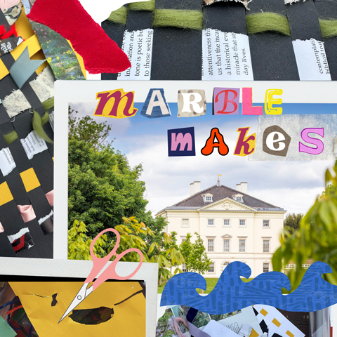 A collage of photos of art and materials overlayed on a photo of Marble Hill House.