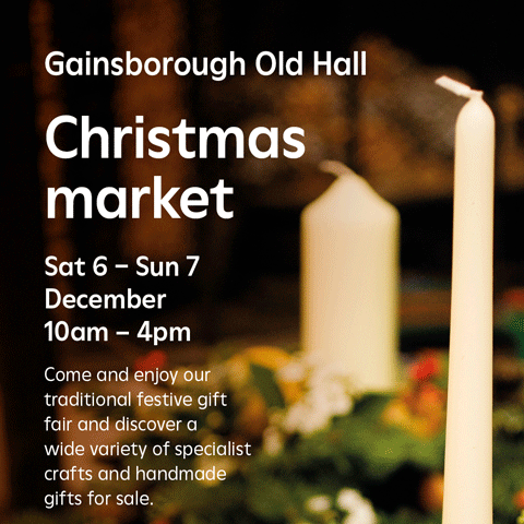 A graphic with a Christmas Wreath and candle display in the background. The graphic details in white font the details of the Christmas Market at Gainsborough Old Hall. A graphic with a Christmas Wreath and candle display in the background. The graphic details in white font the details of the Christmas Market at Gainsborough Old Hall.