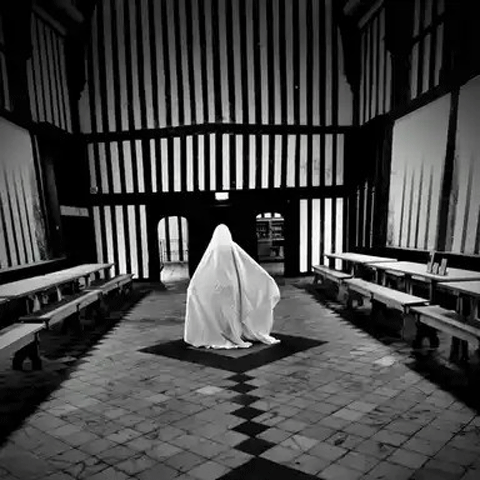A black and white image of a figure covered in a large white sheet in a large striped timber-framed hall.