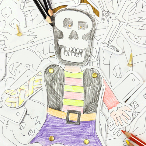A colourful drawing of a human skeleton on a white paper background with coloured pencils at the side of the drawing.