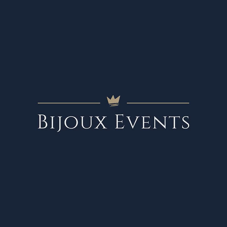 'Bijoux Events' logo in white text on a navy blue background. There is an illustration of a gold crown above the text.