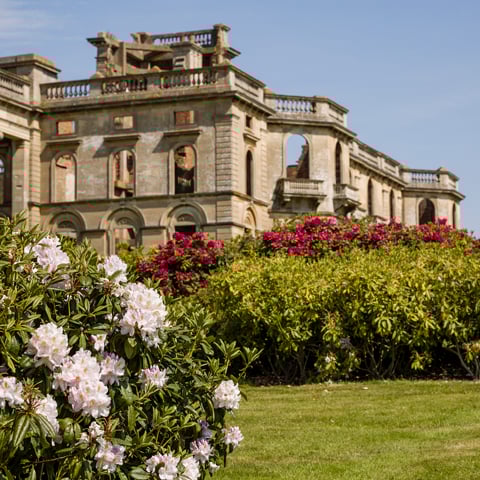 Pink and white flowers blooming in the foreground with Witley Court in the background.