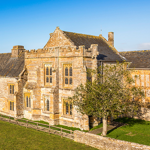 A view of the medieval building at Muchelney Abbey, golden in the sun