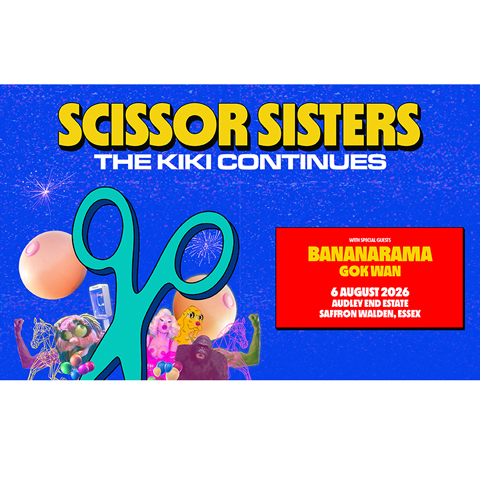 A promotional graphic on a blue background advertising Scissor Sisters at Audley End on Thursday 6 August. 