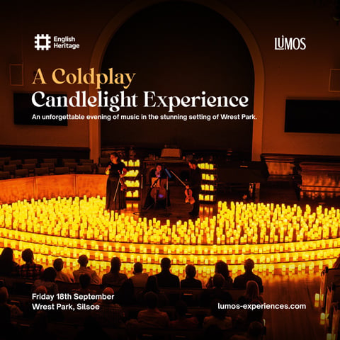 A promotional graphic for A Coldplay Candlelight Experience with a picture of a string band surrounded by candles.