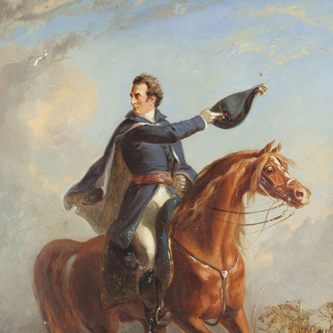 A painting of Napoleon on horseback.