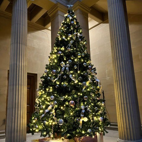 A large decorated and lit Christmas tree inside Belsay Hall.