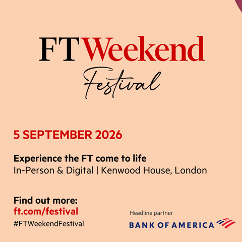 A promotional graphic on a peach coloured background showcasing the details of The Financial Times Weekend Festival on 5 September 2026.