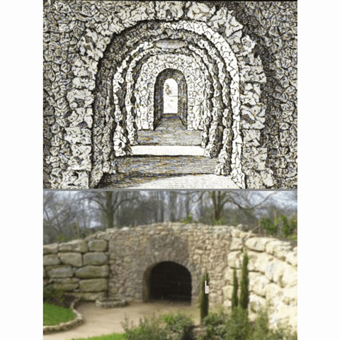 A side by side image of an illustration of a stone grotto, by a photograph of it in situ.