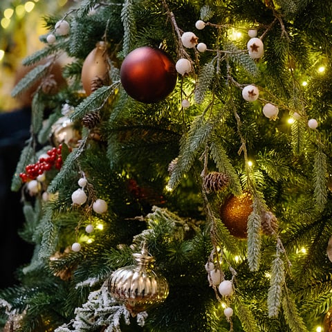 A close-up photo of a decorated Christmas tree with baubles and lights.