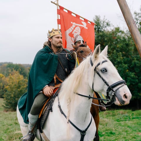 A man dressed in a medieval costume wears a crown and is on horseback.