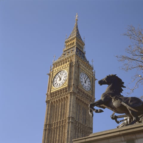A low angle of the clock tower at Big Ben underneath a clear blue sky.