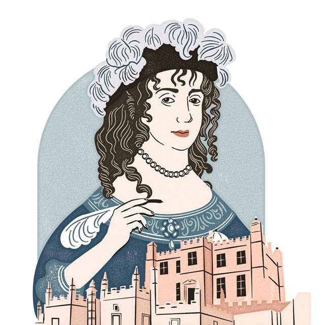 A colourful illustration of Margaret Cavendish holding a feather quill, with Bolsover Castle at the bottom of the image.