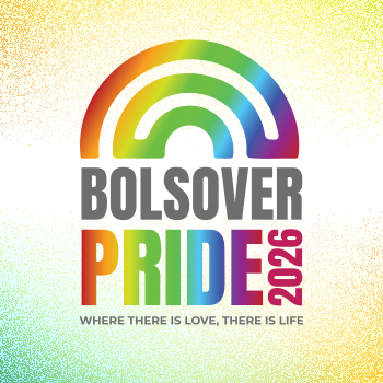A promotional graphic with text that reads 'Bolsover Pride 2026' in bold colourful writing with a rainbow above on a gold and blue background.