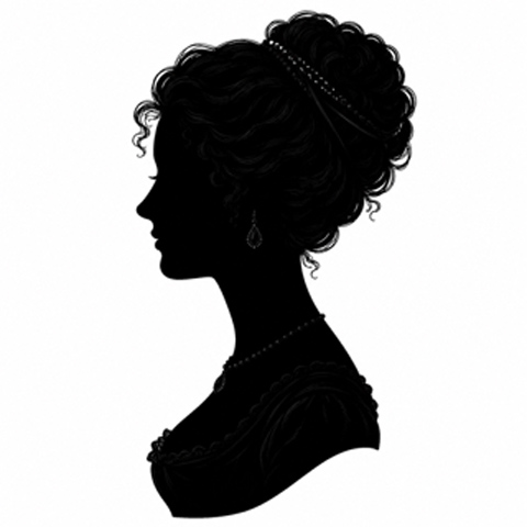 A black silhouette of a woman with her hair pinned up on a white background. 