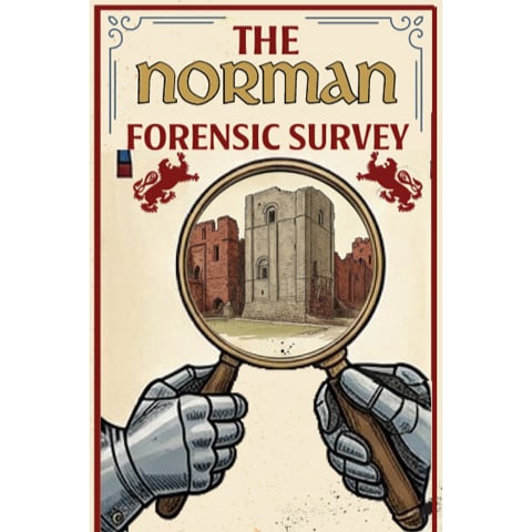 A promotional illustrated graphic with two magnifying glasses with an illustration of Goodrich Castle. The writing reads 'The Norman Forensic Survey'