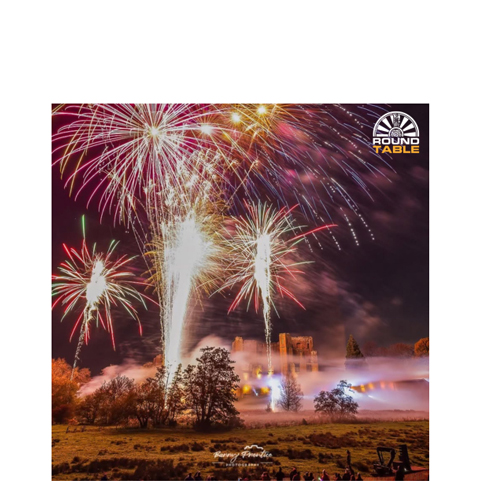 A digital illustration of a firework display above Kenilworth Castle