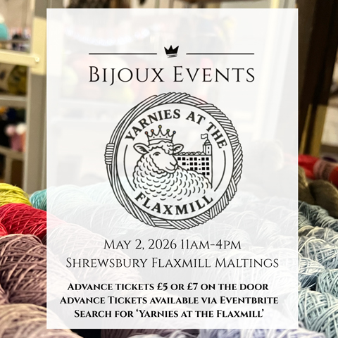 A promotional graphic showing the details of the Yarnies event held at Shrewsbury Flaxmill Maltings with an image of yarn in the background.