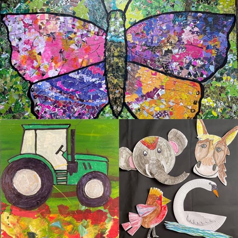 3 images of arts and craft handmade objects by children, including colourful animal paper plates, a painting of a green tractor and a colourful paper butterfly.  