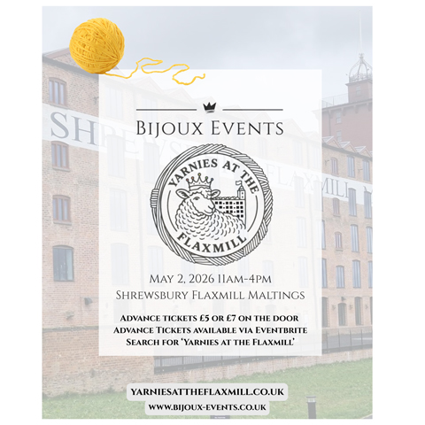 A promotional graphic showing the details of the Yarnies event held at Shrewsbury Flaxmill Maltings with an image of yarn overlayed.