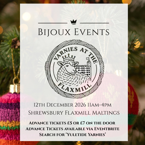 A promotional graphic detailing event information for Yuletide Yarnies at Shrewsbury Flaxmill Maltings on Saturday 12 December 2026.