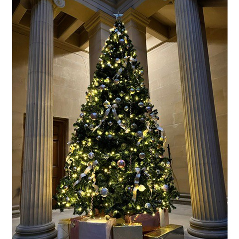 A large decorated Christmas tree in Belsay Hall, with Christmas presents underneath the tree.